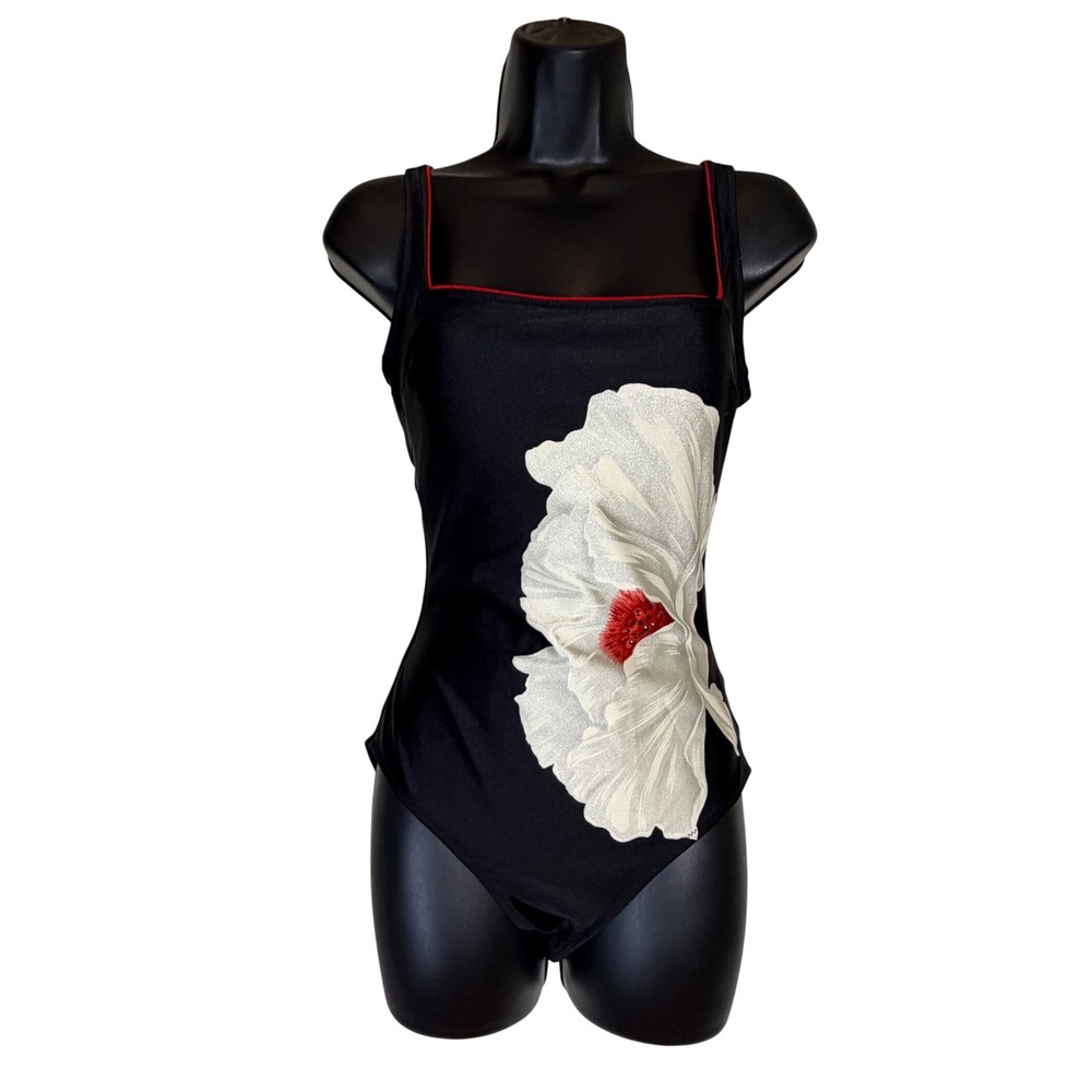 Vintage 90s Gottex Black White Poppy Floral One Piece Swimsuit Red Trim